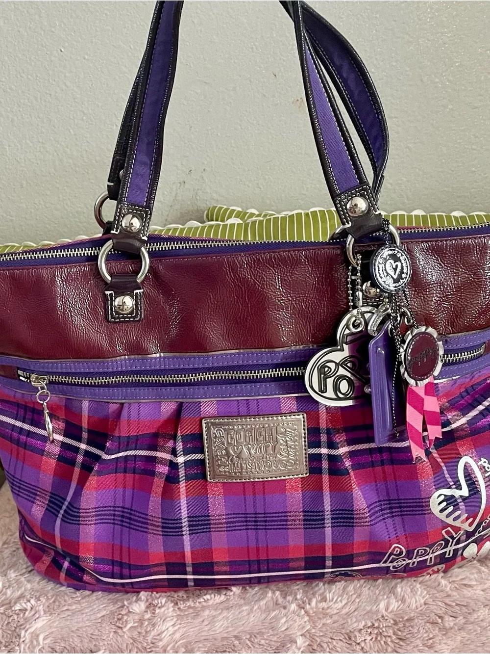 Women's Purple Plaid Tote Bag with Burgundy Trim